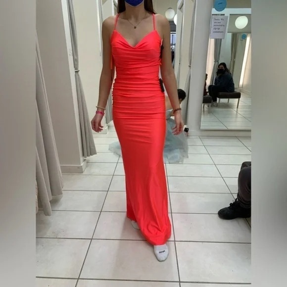 La Femme 29020 Plunging V-neck Ruched Prom Sheath Dress Neon Coral 0 - Picture 4 of 14